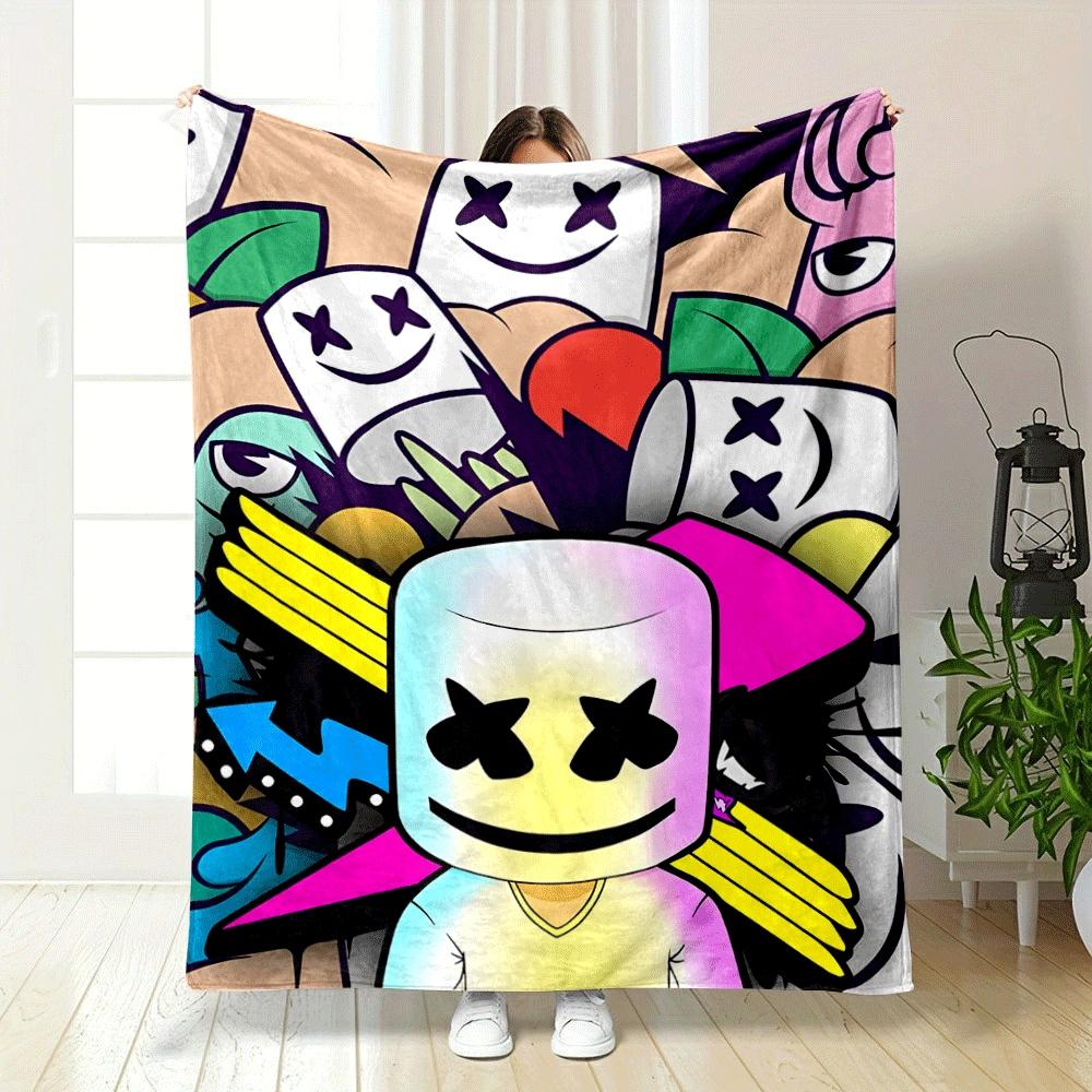 A colorful collage with smiling marshmallow faces and bold shapes. for all seasons blanket lunch break throw gift