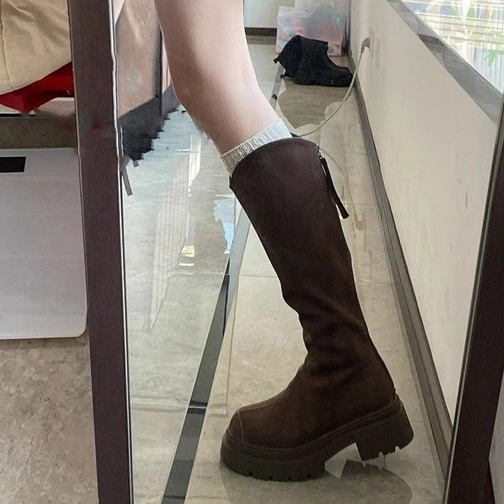 Thick-soled Boots Big Tube Circumference Tall Tube Thick-leg Knight Boots Women's 2025 New Thin Suede Elastic Tall Boots