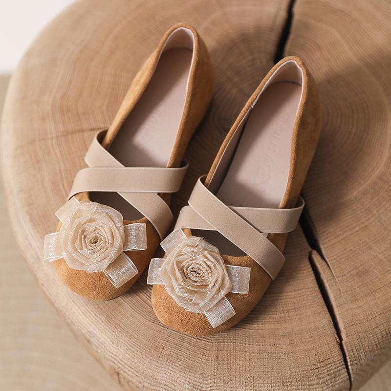 

Туфли Мэри Джейн с камелией Женские 2025 Лето Новинка Перекрещенные На плоской подошве Скрытая платформа Балетки 40 верблюд