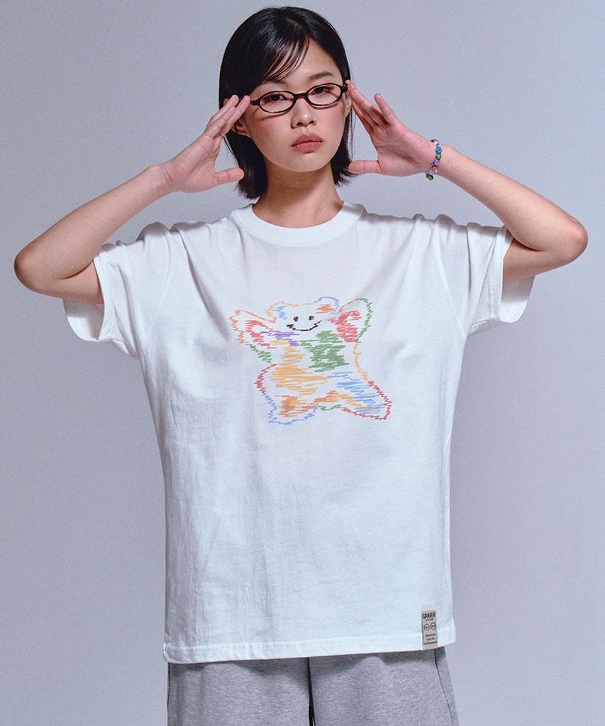GRAVER [Unisex] Rainbow Big Cloud Bear Smile Short Sleeve T-Shirt_Black