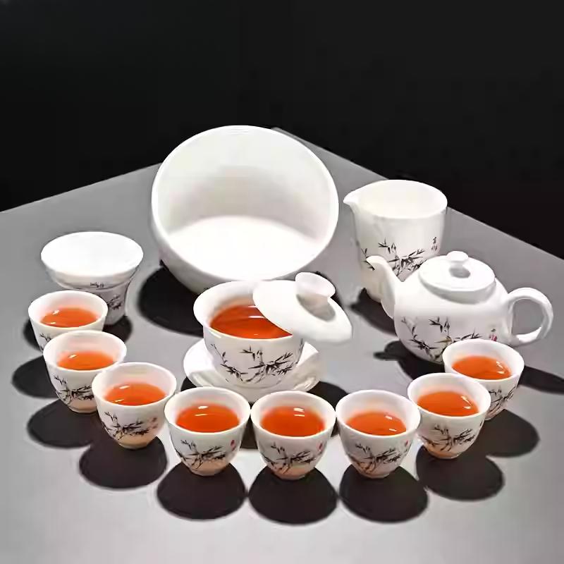 Goat Jade Tea Set Kung Fu Set Chinese Light Luxury Tea Calendars Teacups Office White Porcelain Teapot Covered Bowl Set