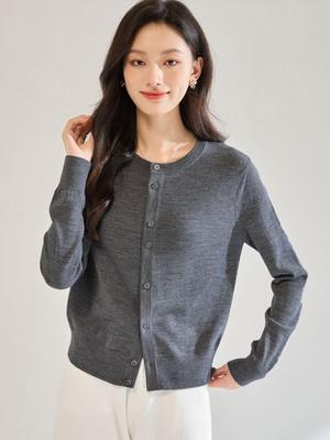 Women's Autumn Round Neck Wool Texture Casual Knit Cardigan - Old Money Style (22656)