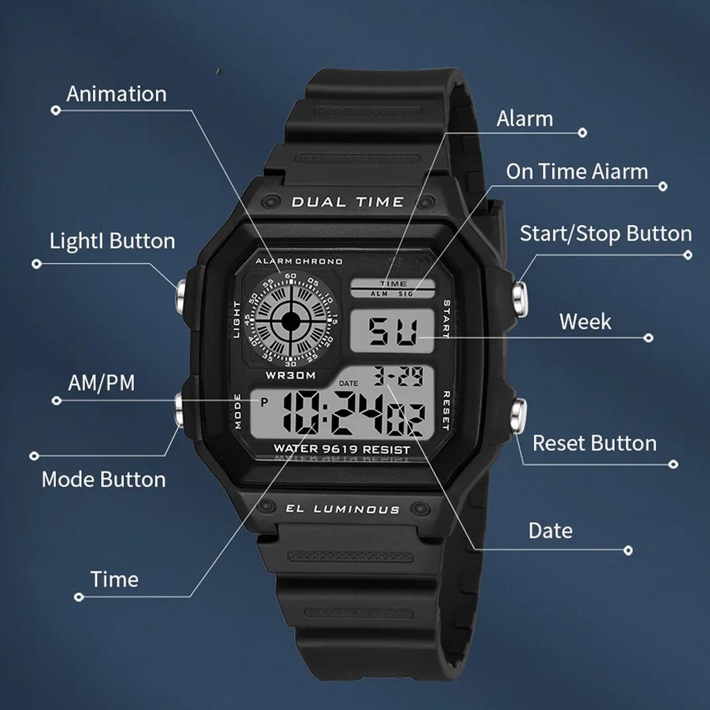 Digital Watches Men Sports Luminous Multifunction Waterproof Chrono Wristwatch Outdoor Running Student Watch