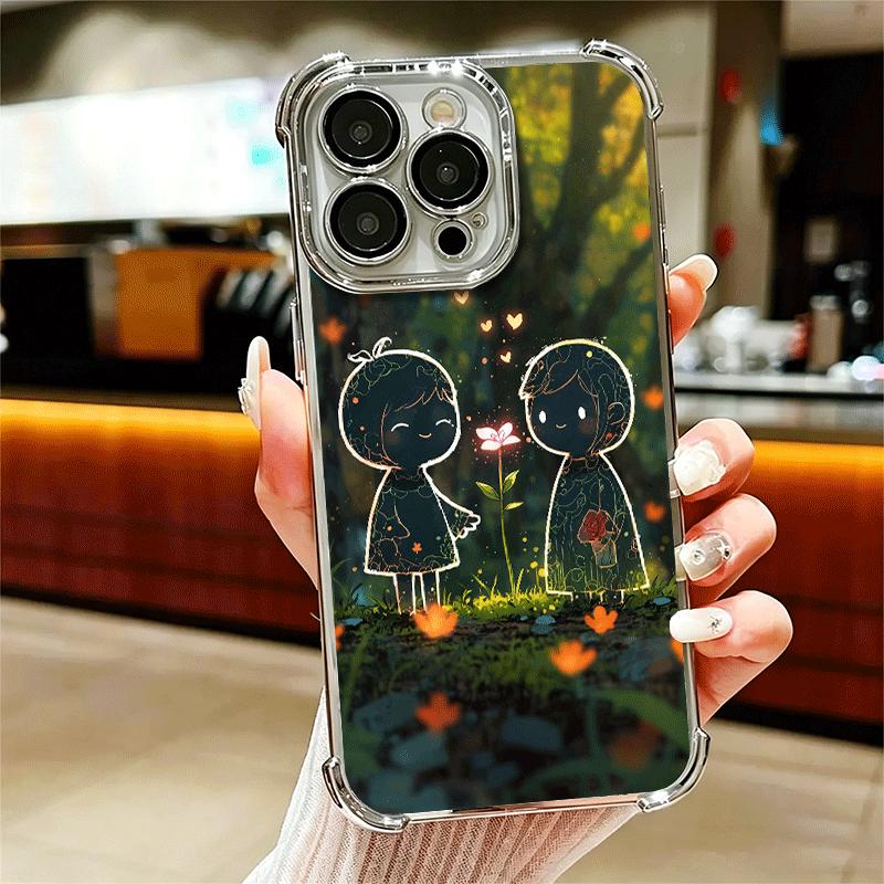Nature Cute Child Painting Style Plating Phone Case For Iphone 16 17 Pro Max Air 16E 14 15 Plus 12 13 Mini Anti-Fall Airabag Cov