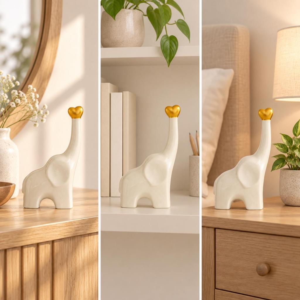 Ceramic Elephant Figurine with Lustrous Heart Decoration Detail Small Size Pale
