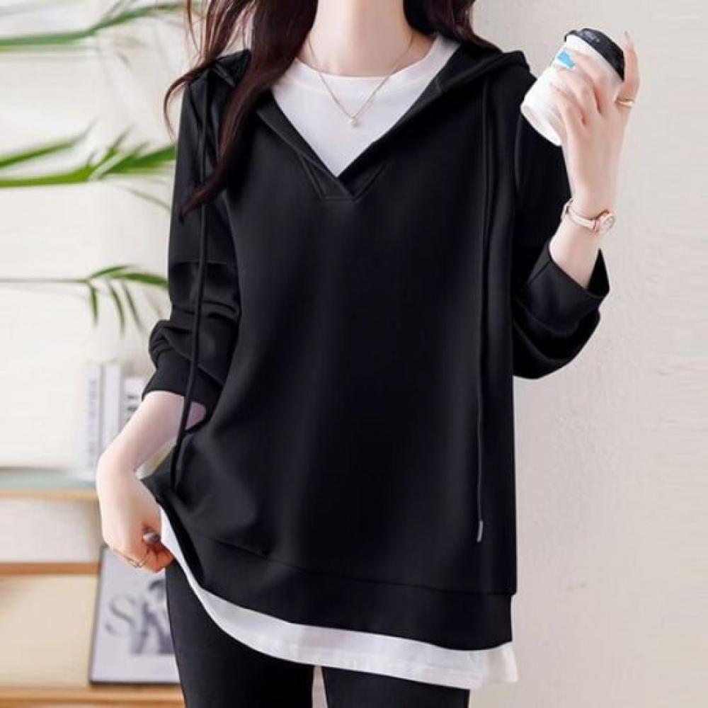 Navava Women S 2in1 Layered Color Block Hooded Long Sleeve SweatShirt Nt3124