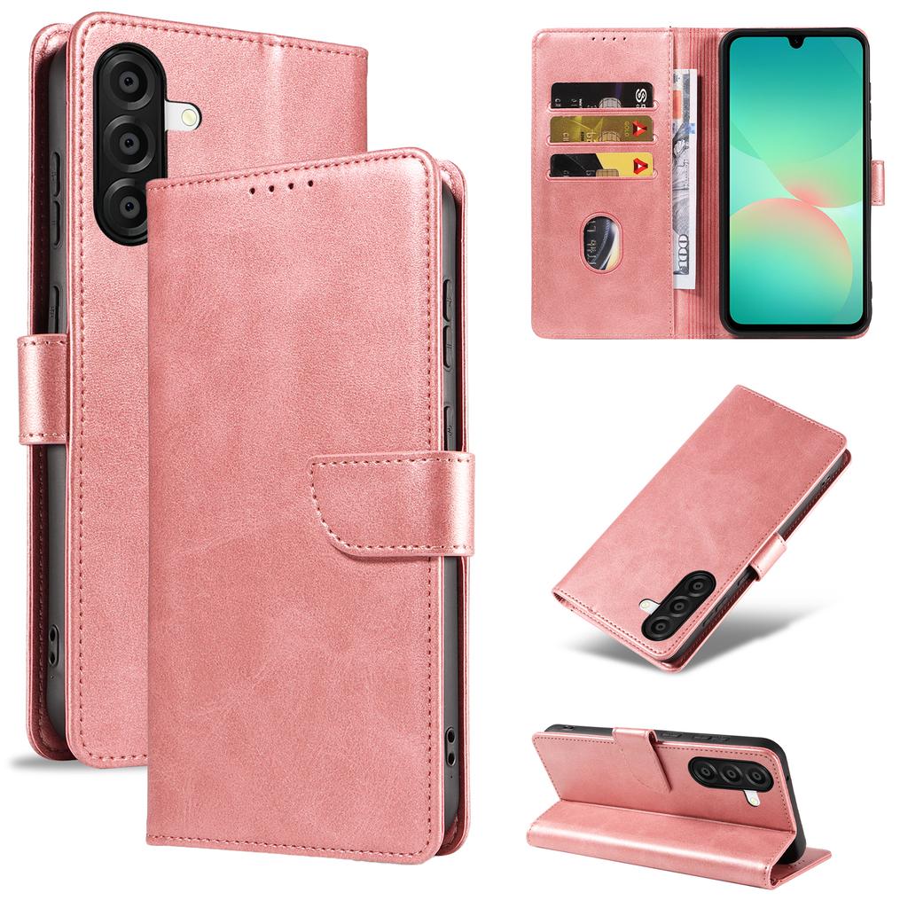 Für Samsung Galaxy A26 5G Hülle mit 2 Stück Panzerglas WANLONFENG WN Serie Kalbsleder Textur Handyhülle Große Aussparungen