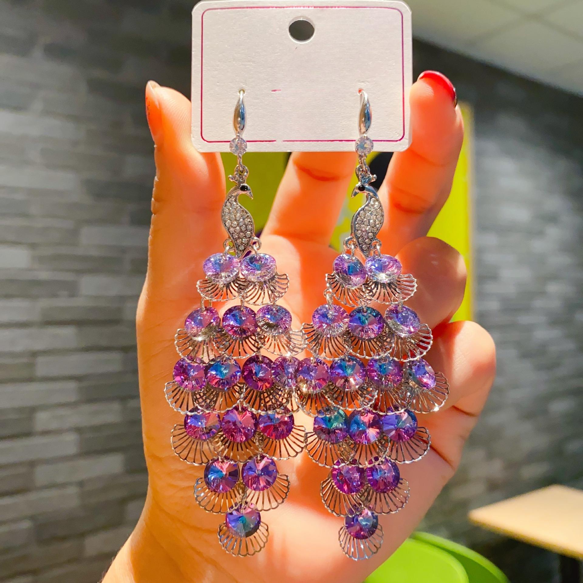 

Colorful Peacock Crystal Earrings, Elegant Animal Pendant Earrings For Women