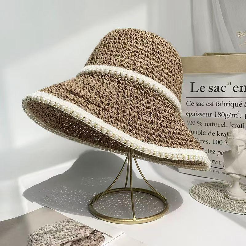 Women'S Wide Brim Lace Straw Hat Beach Hollow-Out Sun Cap For Seaside Vacation