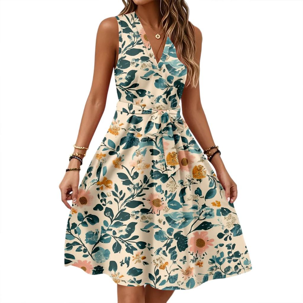 Damen Frühling und Sommer Casual V-Ausschnitt Ärmellose Taille Blumendruck Midikleid