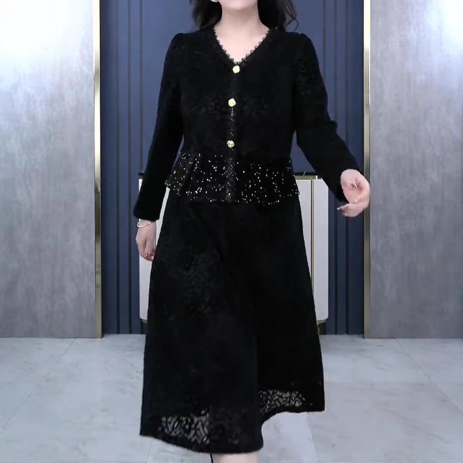 Spring Luxury Sequin Lace Velvet Embroidered Casual Dress for Plus-Size Women