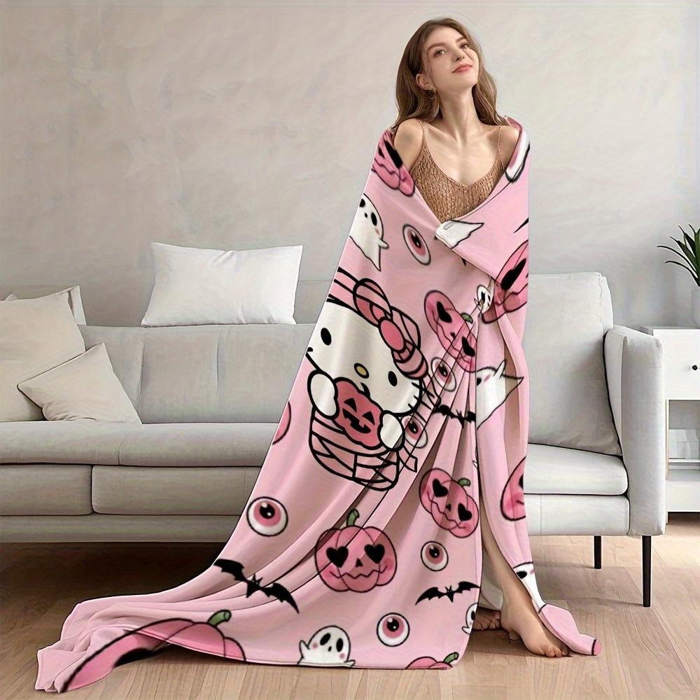 1pc Sanrio Hello Kitty Pink Pumpkin Ghost Flannel Throw Blanket 2D Flat Print Lightweight Cozy All Season Use for Bedroom Living