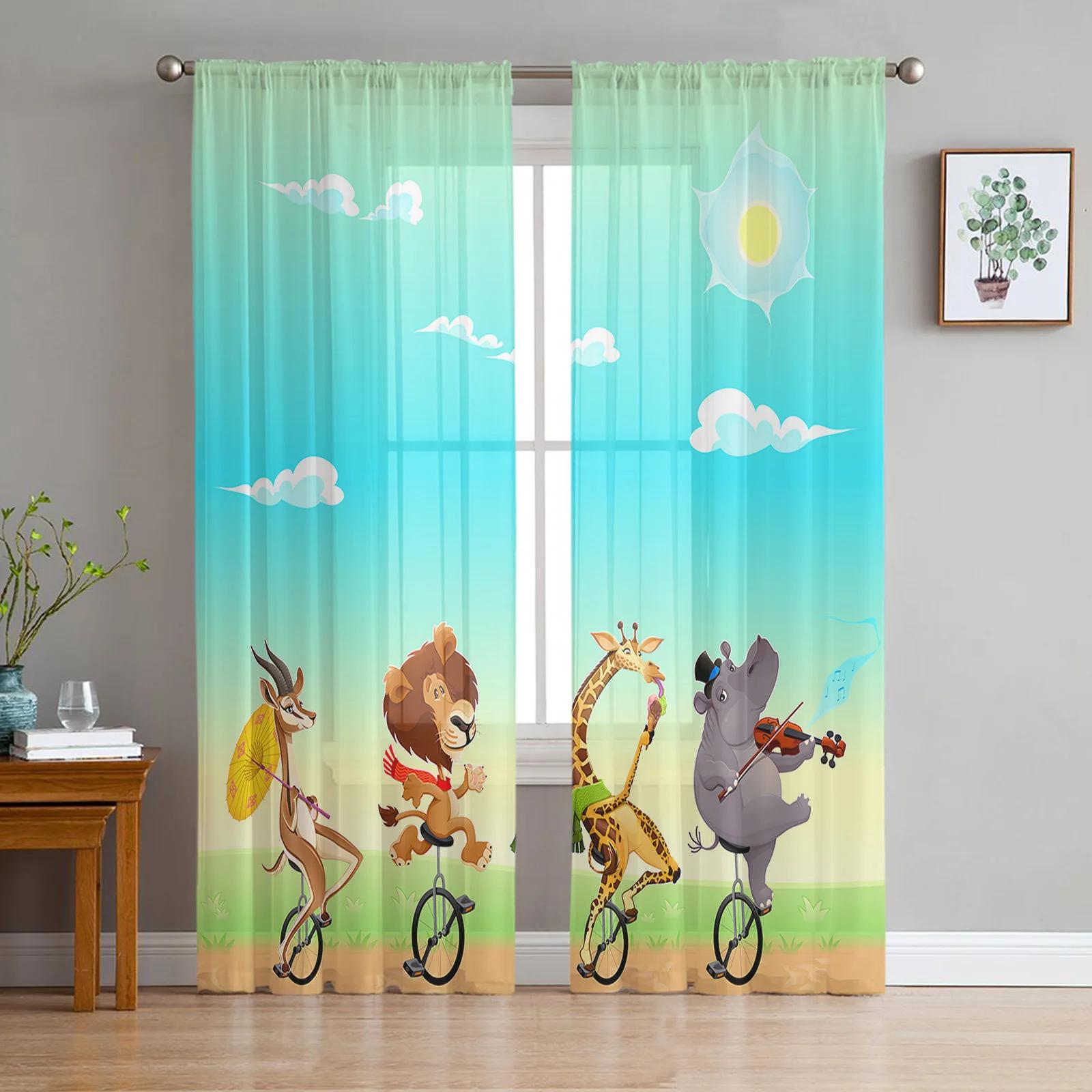 

Funny Giraffe Animal White Curtains Living Room Chiffon Voile Curtain Bedroom Bathroom Tulle Window Drapes With Light Filtering Polyester Perfect For W100*H130(CM)-Grommet top&2PCS