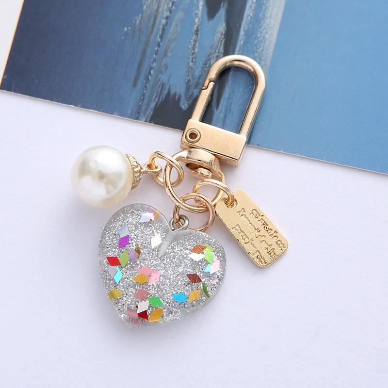2pcs Bling Acrylic Heart Keychain Colorful Sequin Sweet Imitation Pearl Keyring for Women Girls Bag Decoration