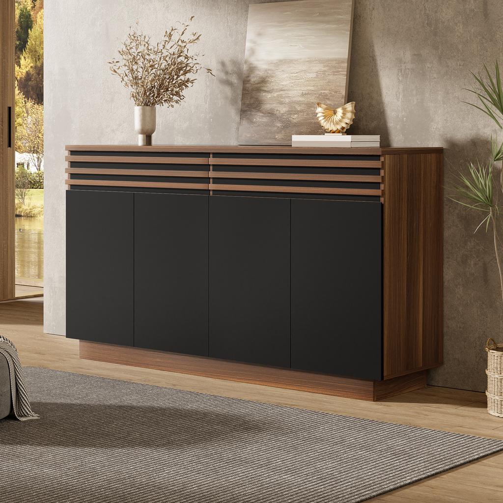 Modern Sideboard 150 x 40 x 85 cm in Brown Wood Look with Black Doors, 2 Drawers & 4 Doors – Stylish Design for Living Room, Dining Room & Kitchen