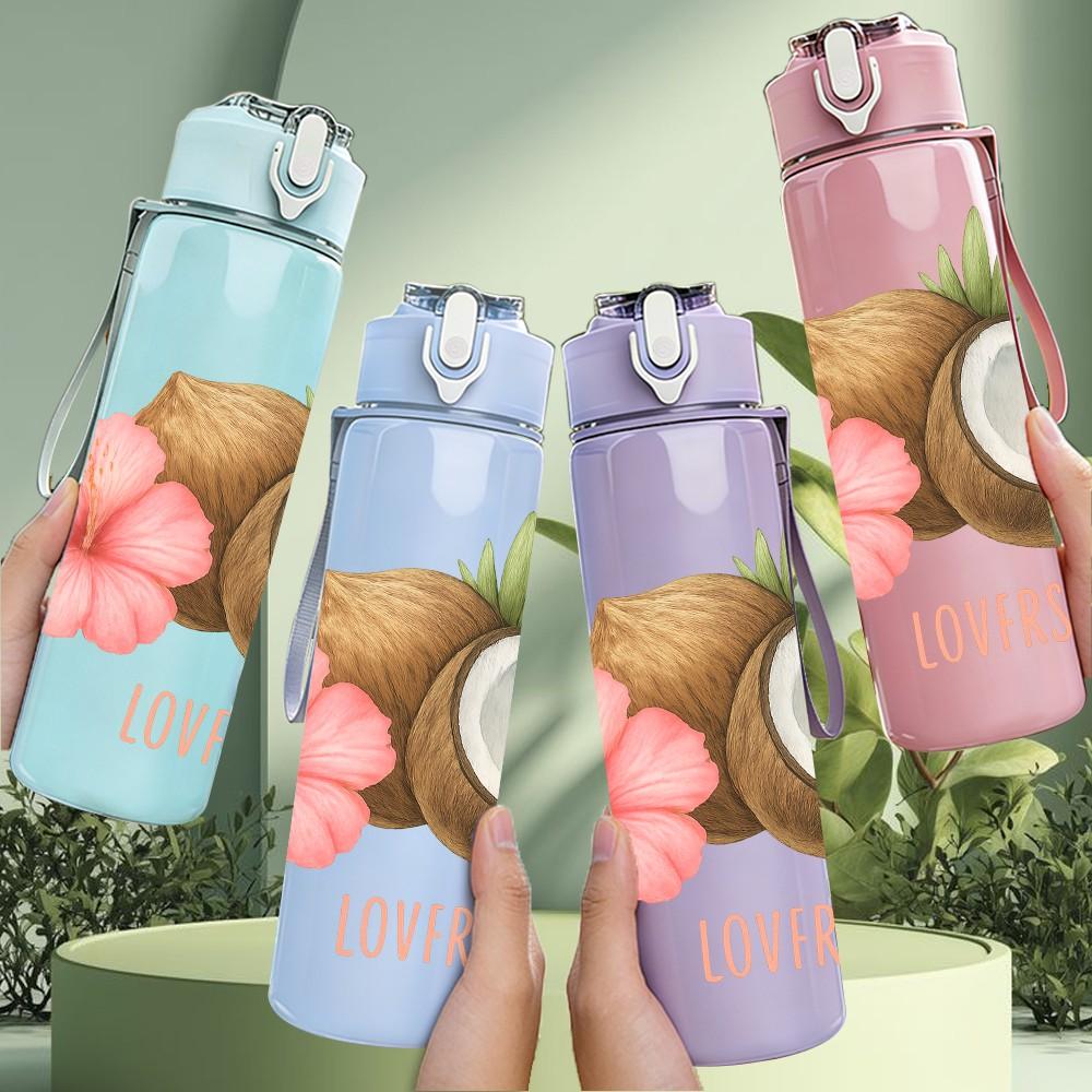 1PC Hibiscus Coconut Tropical Print 750ml Color Plastic Sports Water Bottle Leakproof Flip Straw Lid For Sports Office Home Use