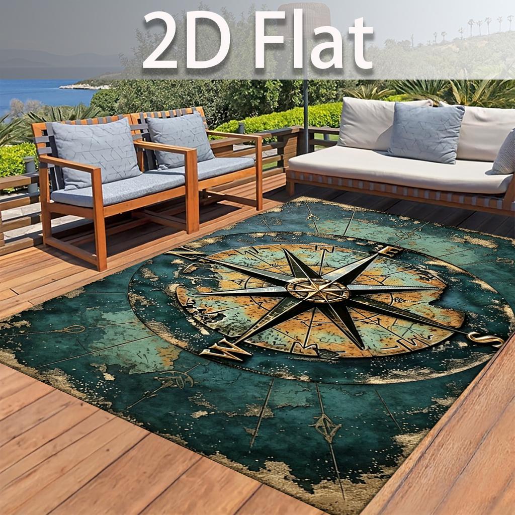 1pc 2D Flat Vintage Nautical Compass Pattern Rectangular Non‑Slip Area Rug, Indoor Home Rug for Living Room, Bedroom, Bedside