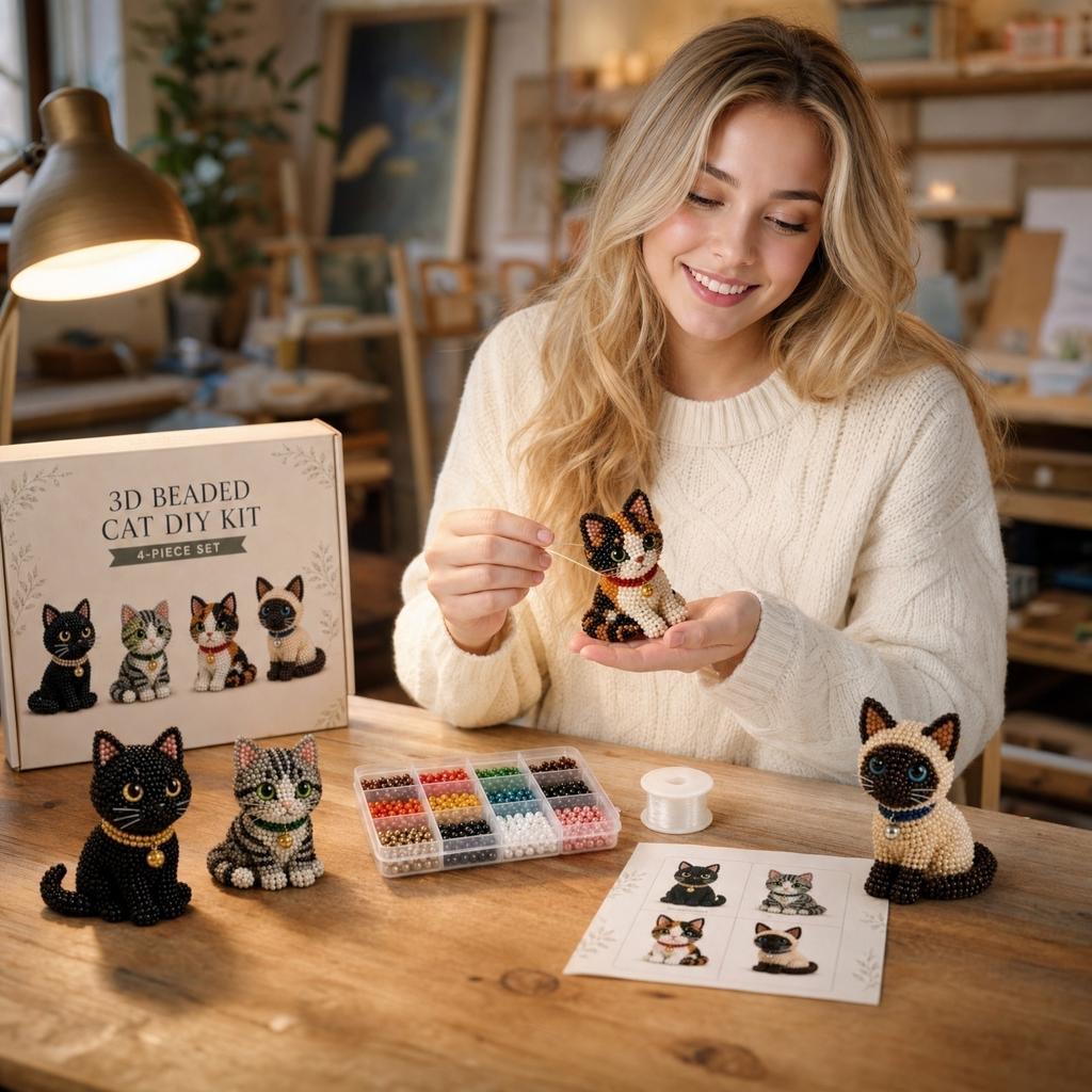 3D Beaded Animal Craft Kit DIY Cat Bead Figure Making Set with Instructions and Beading Supplies for Handmade Projects