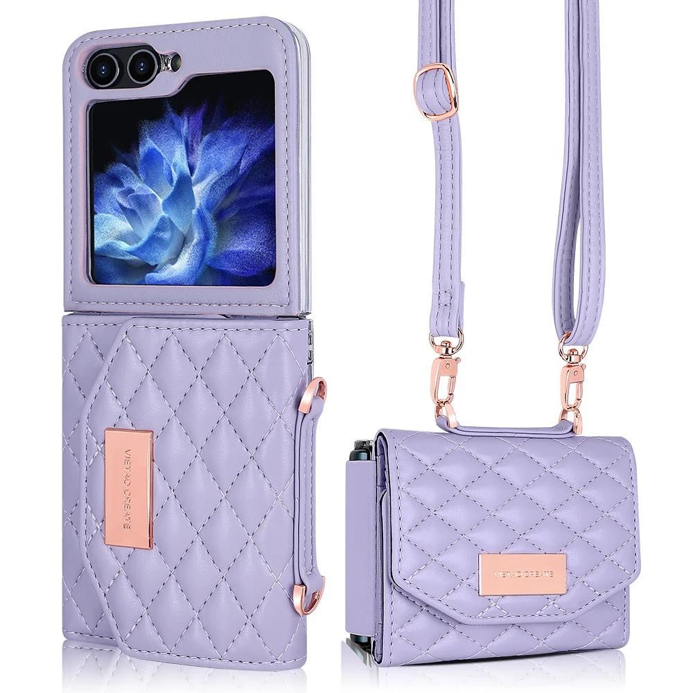 Lanyard Cards Solt Leather Wallet Case for Samsung Galaxy Z Flip 6 5 4 3 5G Flip6 Flip5 Strap Diamond Triple Fold Purse Cover