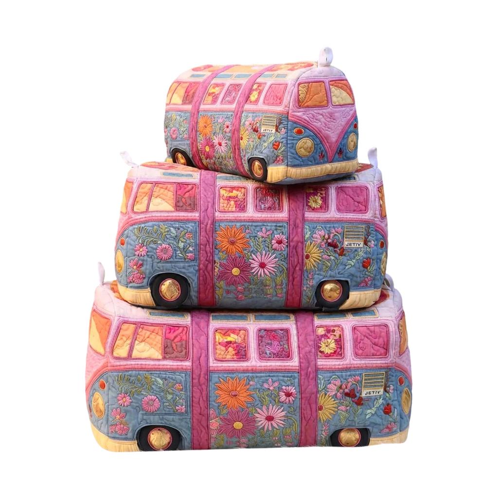 Quilted Multi Functional Storage Bag Set M Size with Floral and Nature Pattern Embroidery for Cosmetics and Accessories Organizer