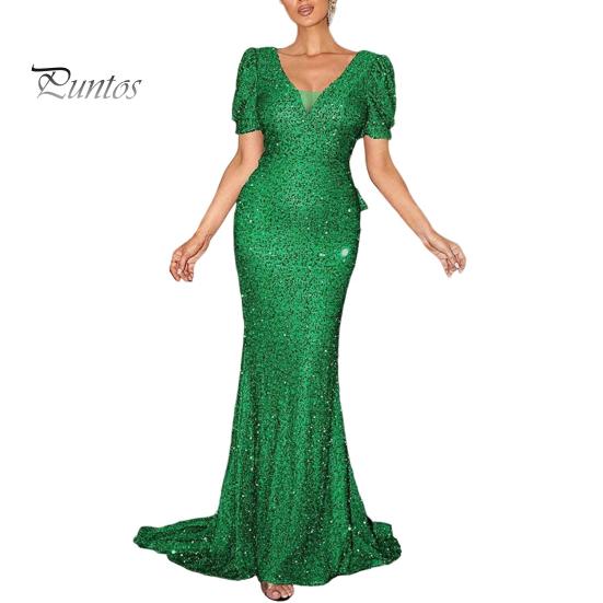 Women Evening Dress Shimmering Sequin Short Bubble Sleeves V Neck Slim Fit Floor Length Big Bow At Back Mid Waist Cocktail Party Wedding Banquet Maxi
