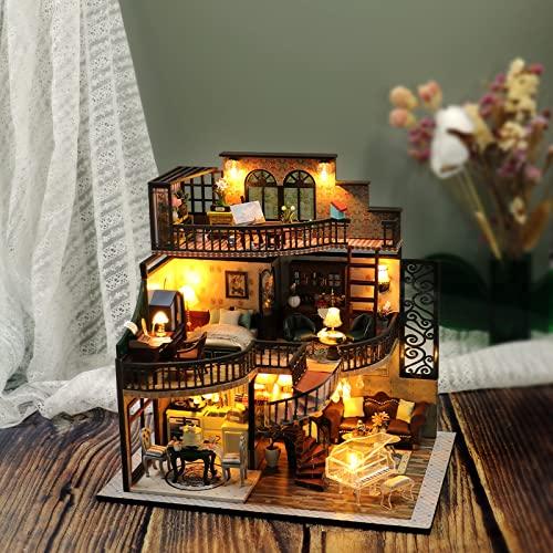 Blue Giraffe Miniature Dollhouse Kit, 3-Story Retro Villa, DIY Wooden Dollhouse, Perfect for Passing Time, Diorama Kit, Includes LED Light and Dust Co