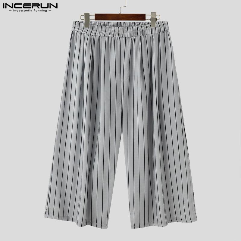 INCERUN Men Elastic Waist Wide Leg Pants Striped Loose Cropped Trousers