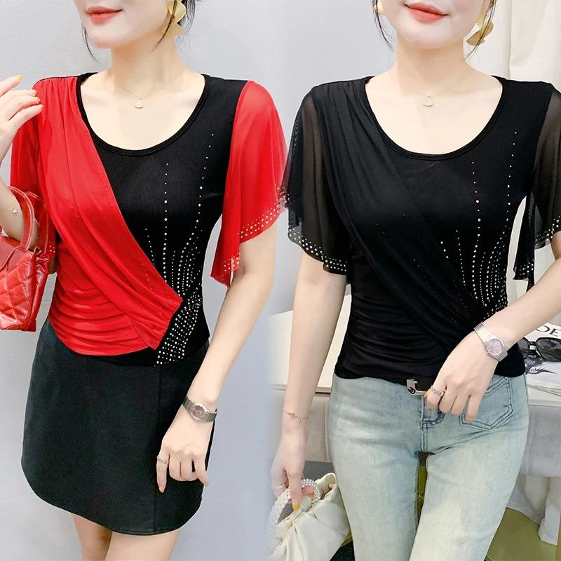 Summer Women's Mesh Color Block Design Lace Trim Rhinestone DetailsTrendy Short Sleeve T Shirts