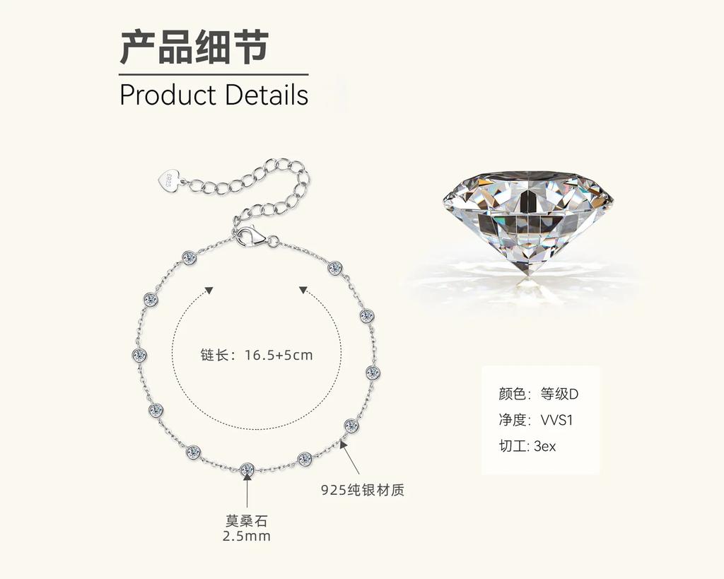 4MM 2.4cttw Round Bubble Moissanite Bezel Bracelet For Women 925 Silver Diamond Hand Chain Rhodium Plated Jewelry