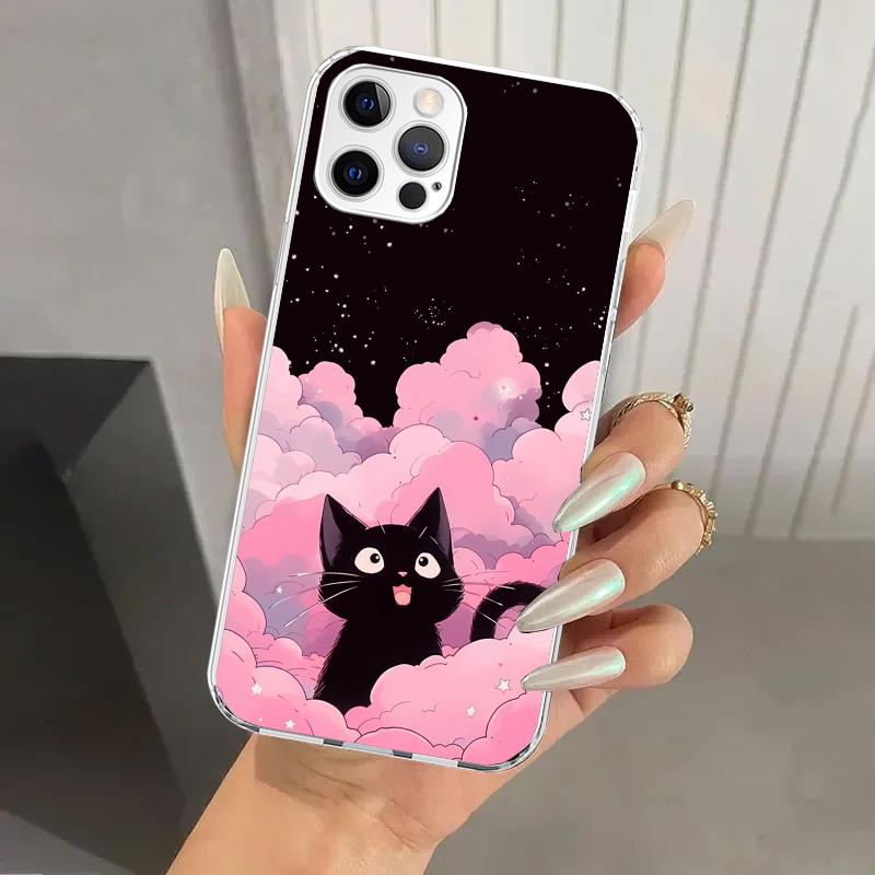 Anime Cute Black Cat Meow Phone Case for Iphone 17 Air 16 15 Plus 14 13 Mini 12 11 Pro Max 16E 7 8 SE 2020 Soft Funda Print Shel