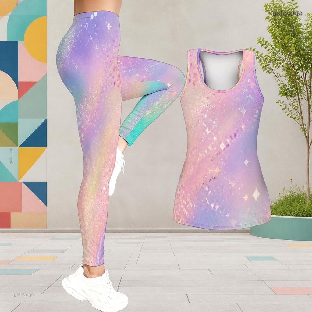 Women Plus Size Black Blue Purple Two Piece Set Scoop Neck Sleeveless Printed Longline Tank Top Fitted Leggings