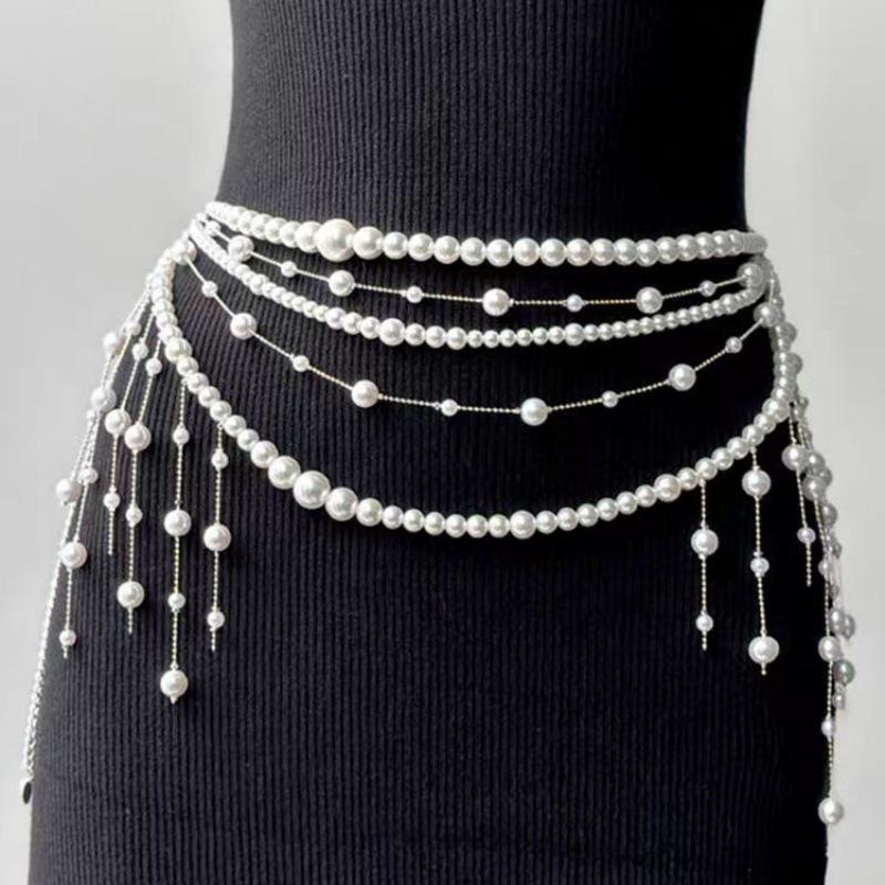 Adjustable Fit Multilayer Pearl Waist Chain 1Pc Retro Y2K Designer Women's Belt for All Body Types Daily Wear