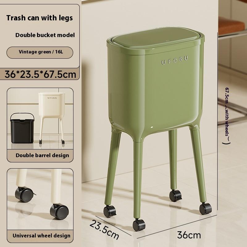 

Мусорное ведро с высоким бортом, не требующее наклона, с крышкой, открывающейся нажатием - Овальное ведро большой вместимости для кухни и гостиной, прочный пластик зелёный