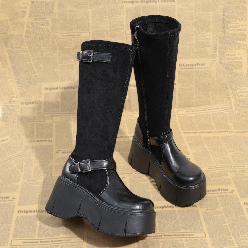 Retro French Black Platform Boots Women's 2025 New Autumn Small Fat Mm Thin and Heightened Knight Boots