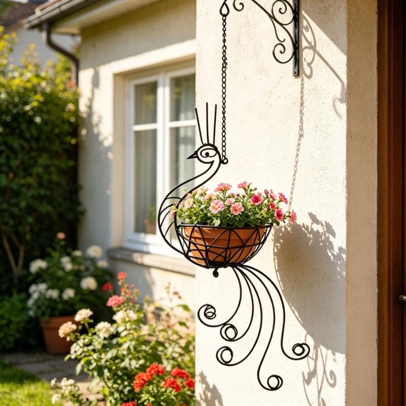 Unique Beautiful Peacocks Themed Hanging Basket Crafted From Weather Resistant Iron For Balcony Garden Patios Courtyard Display