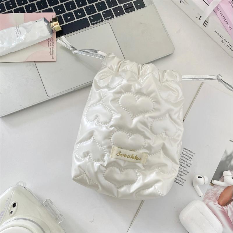 Sweet Glossy PU Leather Drawstring Cosmetic Bags Solid Color Love Heart Bow Pattern Organizer Lightweight Travel Makeup Case