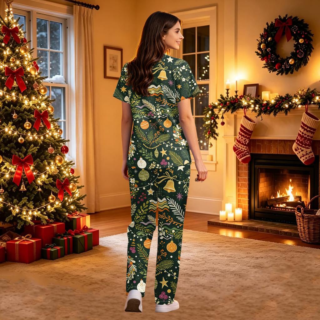 Women's V-Neck Short Sleeve Christmas Print Scrub Set with Pockets Two Piece Caregiver Work Uniform