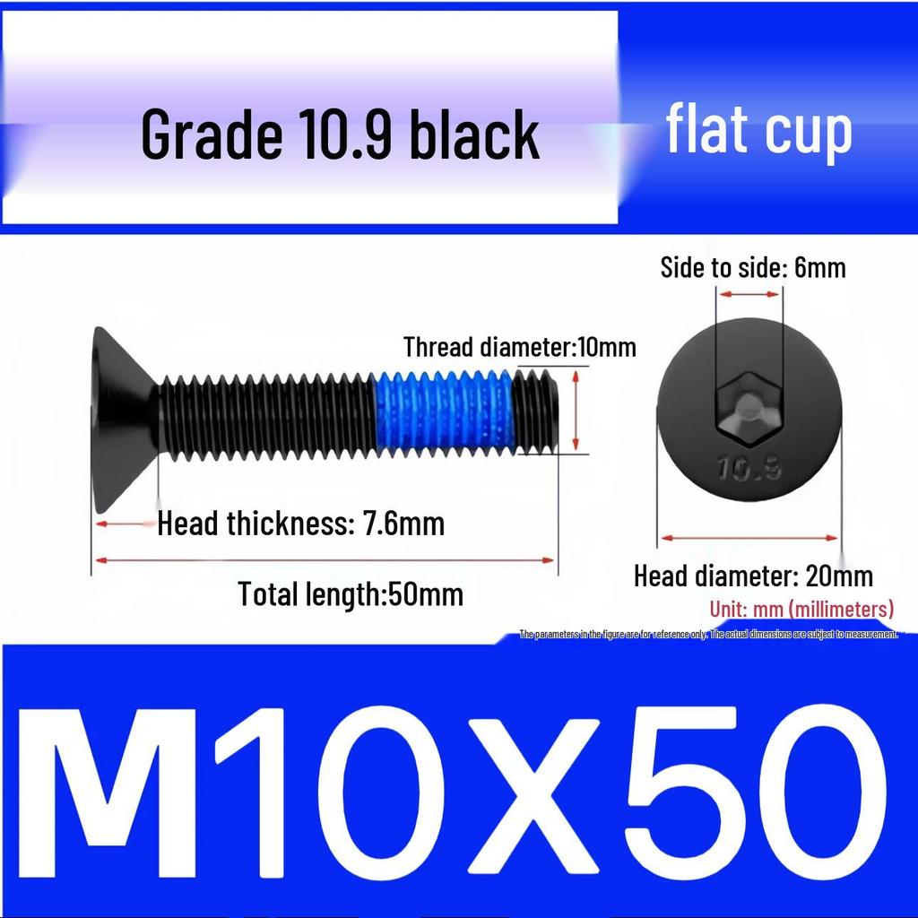 Black Anti-Slip Flat Cup Screw with Adhesive Blue Glue, Countersunk Hexagon Socket, Available in M2-M8 Sizes