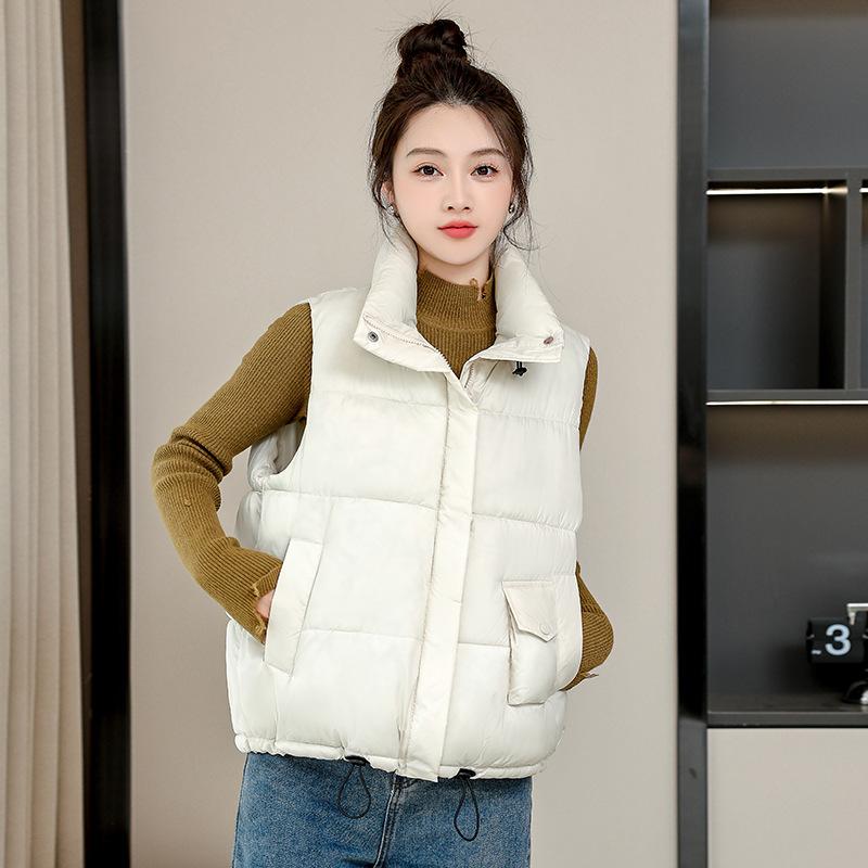 Stand-up Collar Down Cotton Vest Women's Drawstring Autumn and Winter New Loose Thickened Sleeveless Vest Jacket