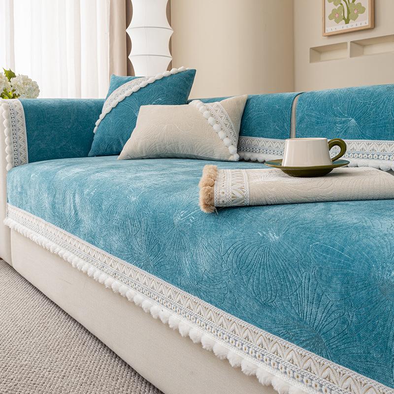Copridivano a Palla con Nappe di Lusso Chenille Nordico Cuscino per Divano del Soggiorno Universale Antiscivolo Copricuscino per Divano Copribraccioli Schienale