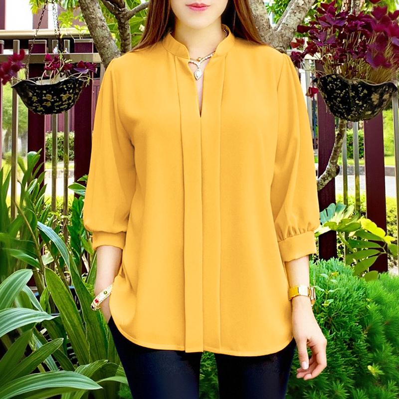 

ZANZEA Женская блузка с отложным воротником, свободного кроя, однотонная, с рукавом 3/4 3XL жёлтый