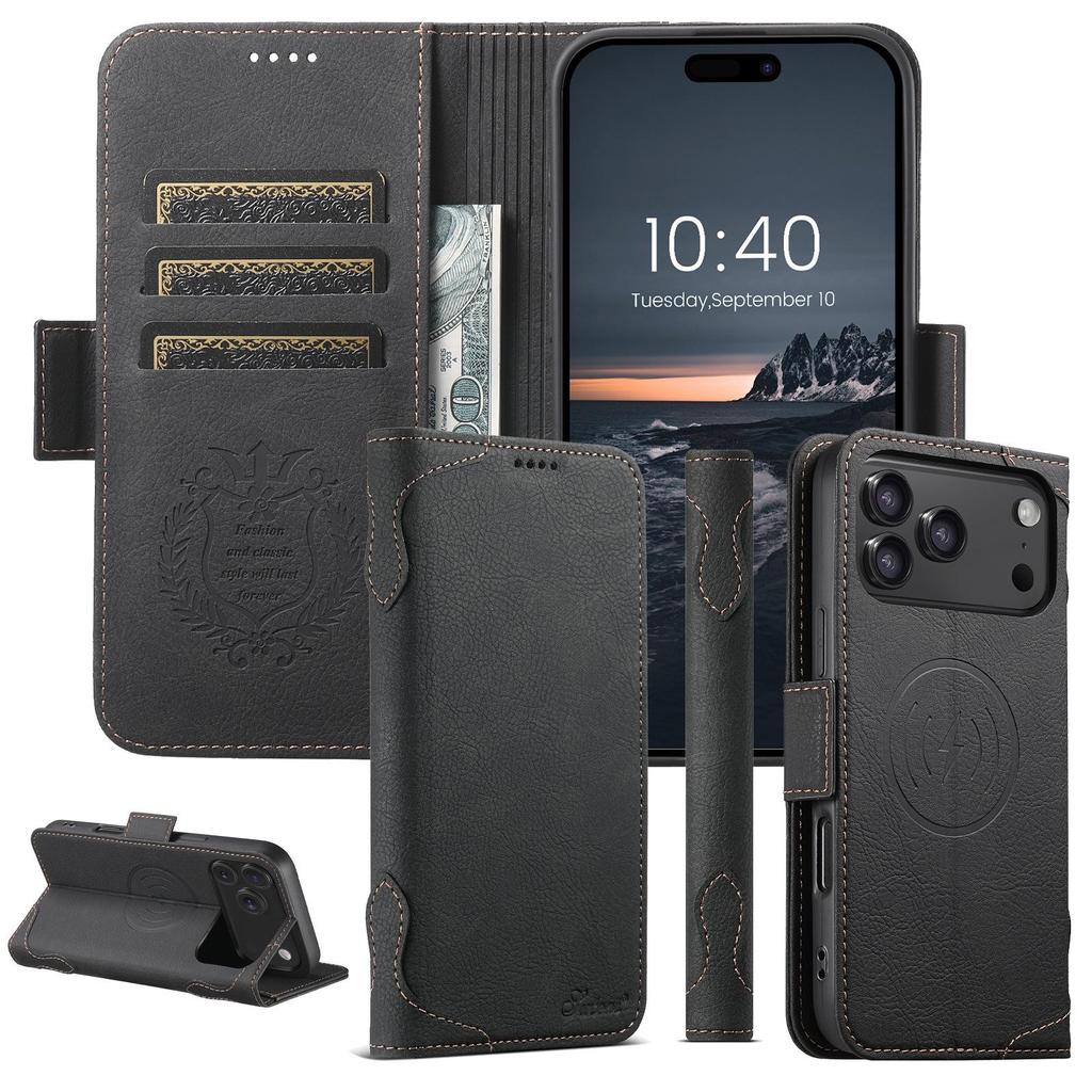 iPhone 17 Pro Flip Case with MagSafe, Card Slot, Wireless Charging, Stand, and Protective Leather Design