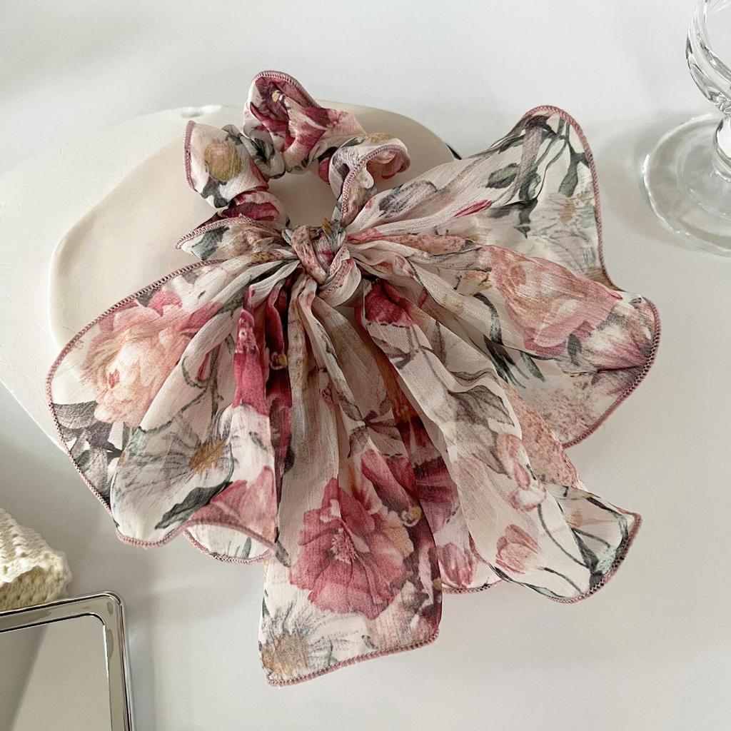 Rose Manor French Romantic Ribbon Scrunchie - Elegant Low Ponytail Hair Accessory