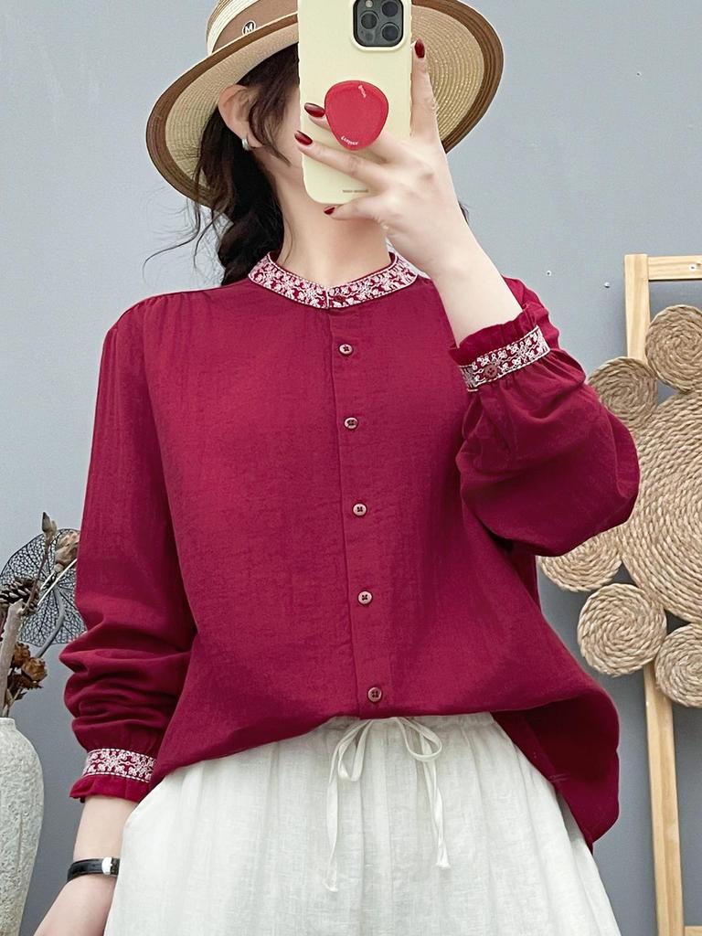 Women's Long Sleeve Stand Collar Embroidered Cotton Gauze Shirt - Ethnic Style, New Chinese Trend