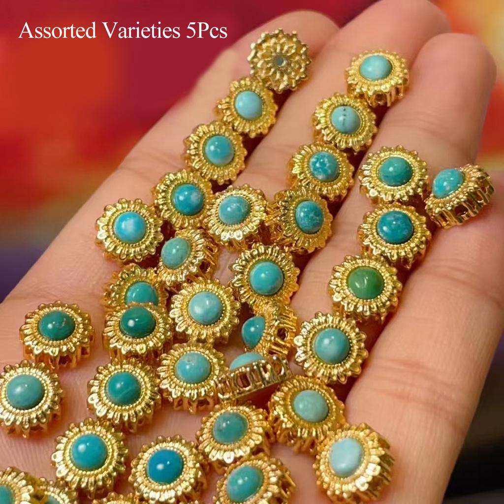 5Pcs, Red Green Natural Stone Gems Pendant with Golden Accents, Boho Handmade Round Charms for Jewelry Making DIY Necklace Accessories 8×8mm