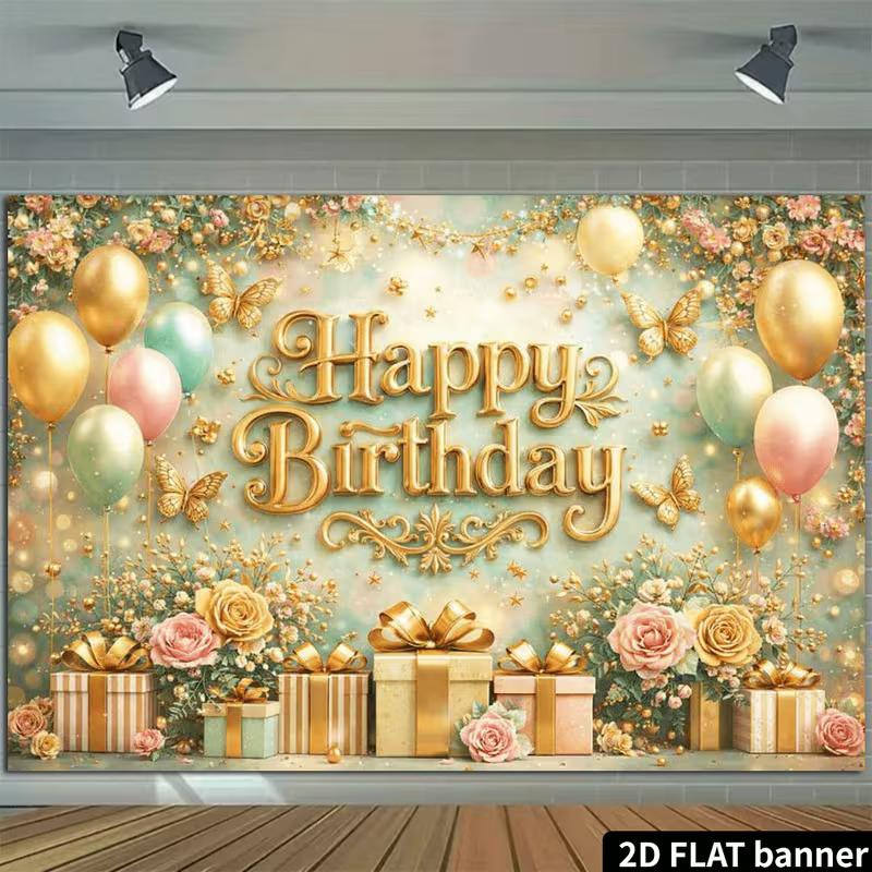 

2D Gold Butterfly Floral Happy Birthday Backdrop Banner Photo Booth Background 47.2x31.5inch/120*80cm
