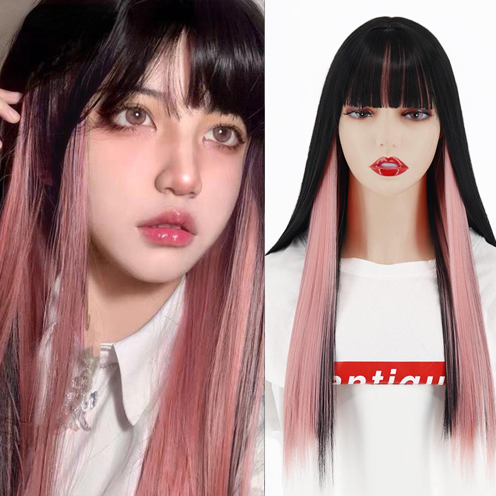 MERISIHAIR Brown Long Straight Wig with Blunt Bangs Synthetic Heat Resistant Fiber Wig for Women Daily Wear