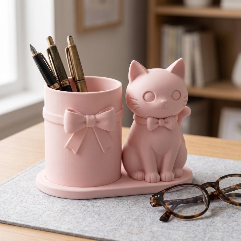 3D Geprinte Katvormige Pennenhouder Plastic Make-upkwast Opbergorganizer Bureau Decoratie