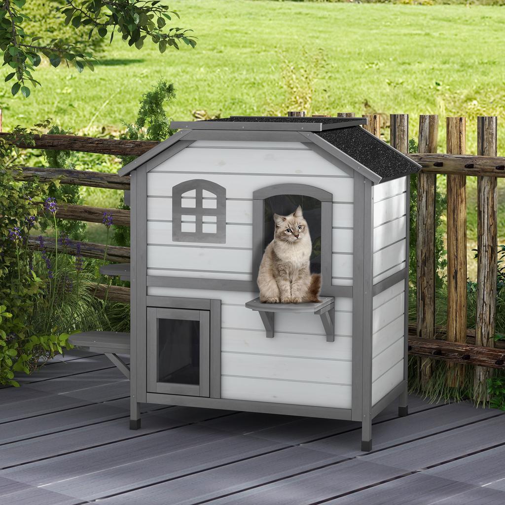 2-Story Indoor or Outdoor Cat House W/ Escape Door, Cat Shelter, White
