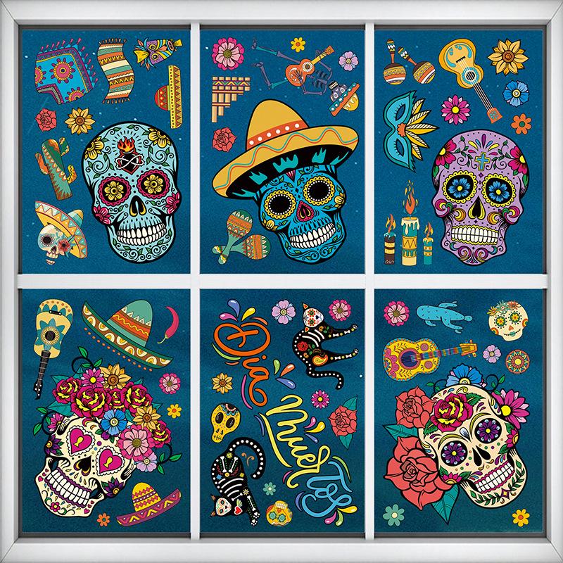 Day of the Dead Window Clings: Mexican Carnival Skull Decorations 20cm x 30cm x 9cm